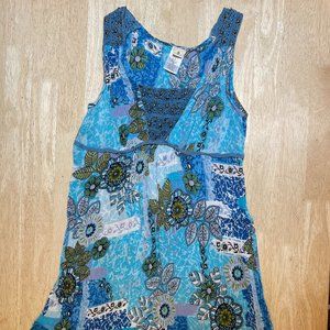 Forbidden gauze, sundress, with crocheted shoulders, and brass embellishments.